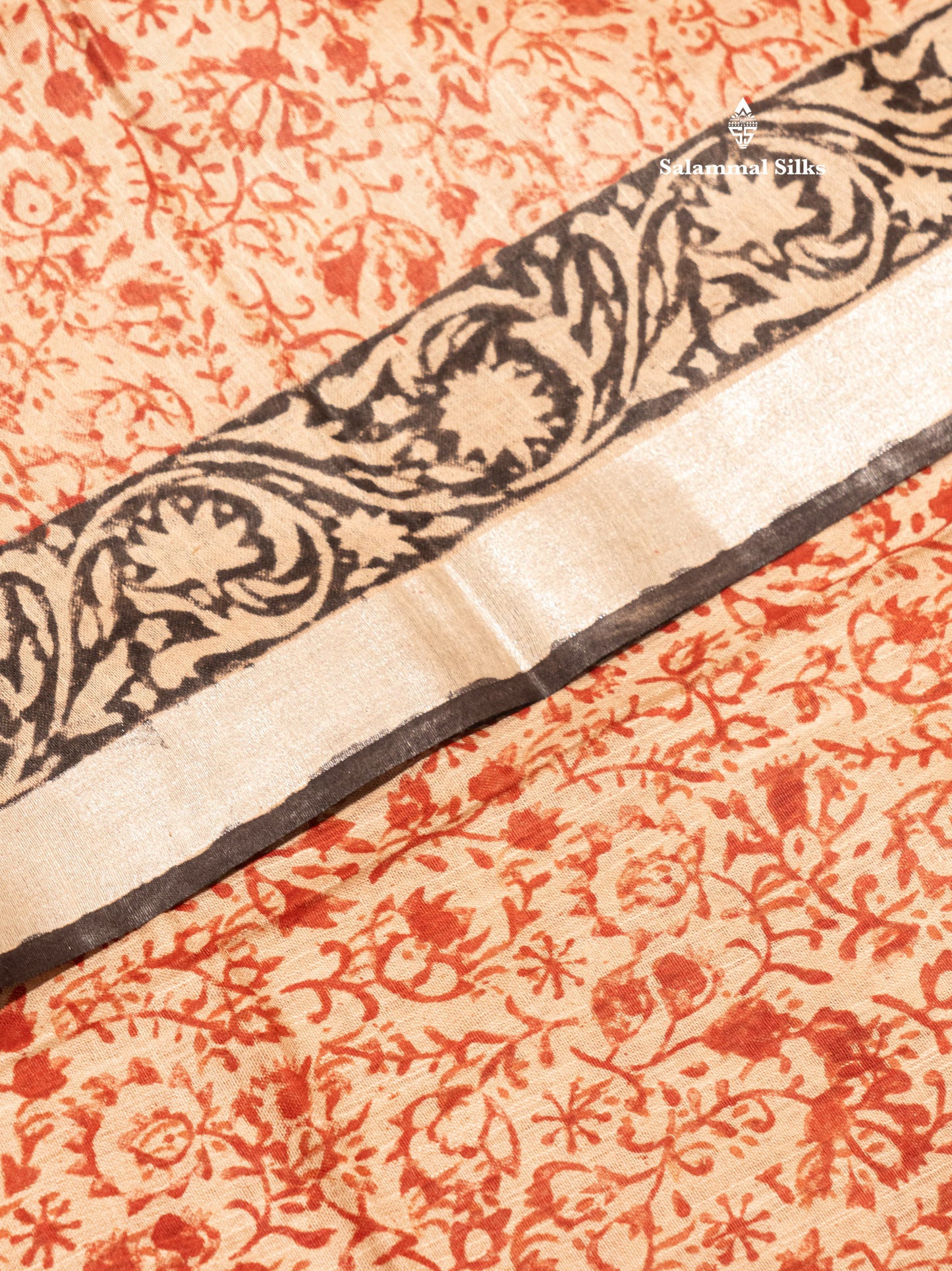 Sandal Colour Printed Pure Cotton Saree With Small Silver Zari Border