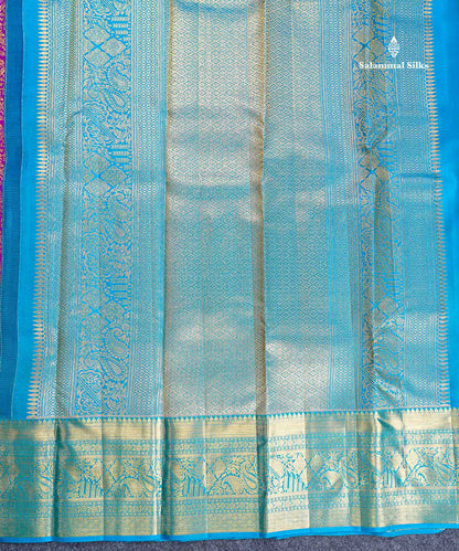 Bridal Pure Kanjivaram Silk Saree - Magenta Colour Body With Contrast Peacock Blue Evening Morning Border