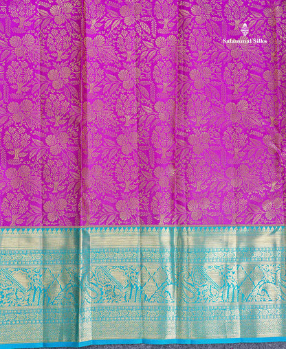 Bridal Pure Kanjivaram Silk Saree - Magenta Colour Body With Contrast Peacock Blue Evening Morning Border