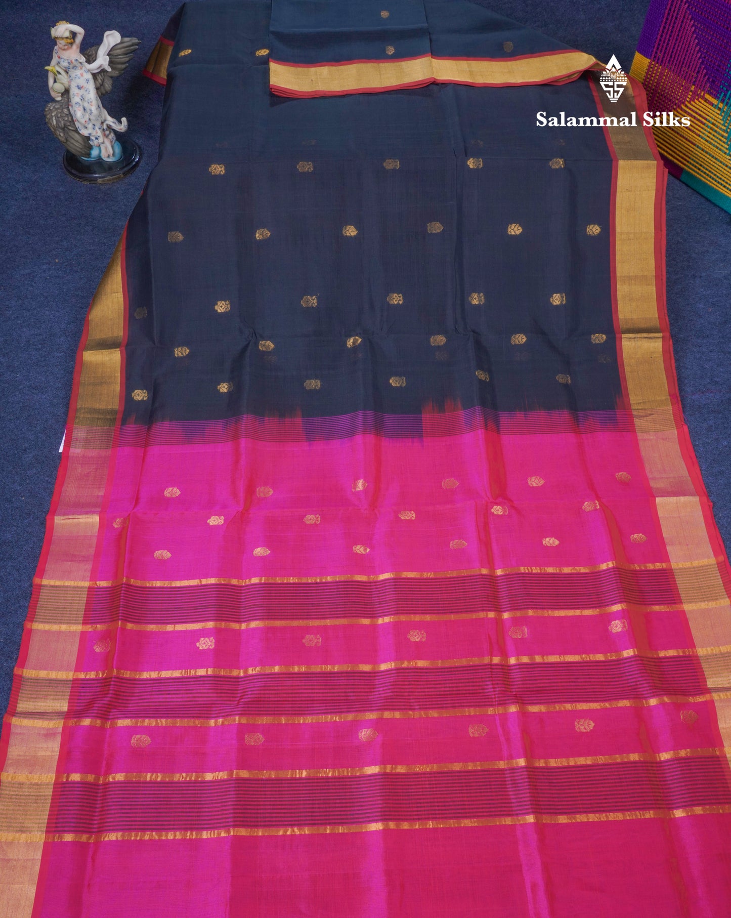 Black Pure Silk Cotton Saree With Contrast Pink Blouse