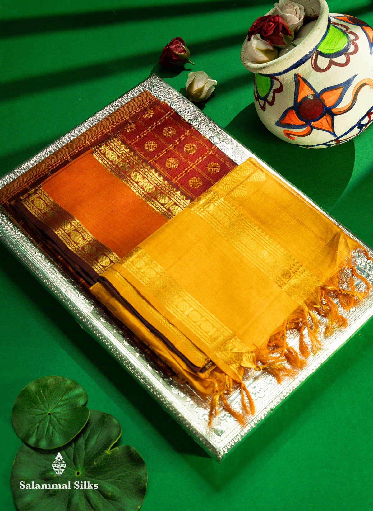 Beautiful Dark Maroon Rudraksha Butta With Checks Pure Silk Cotton Saree With Contrast Orange Traditional Gap Border
