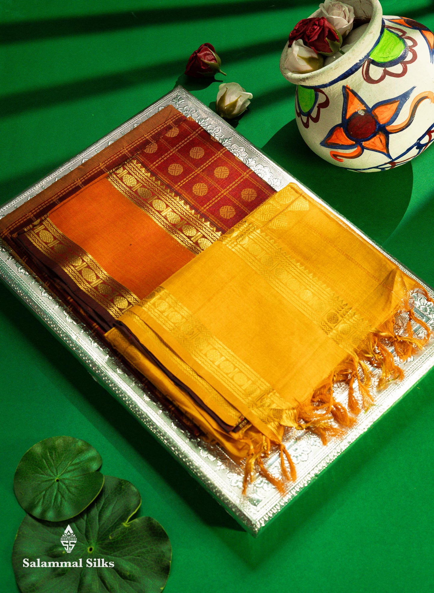 Beautiful Dark Maroon Rudraksha Butta With Checks Pure Silk Cotton Saree With Contrast Orange Traditional Gap Border