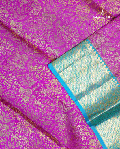 Bridal Pure Kanjivaram Silk Saree - Magenta Colour Body With Contrast Peacock Blue Evening Morning Border