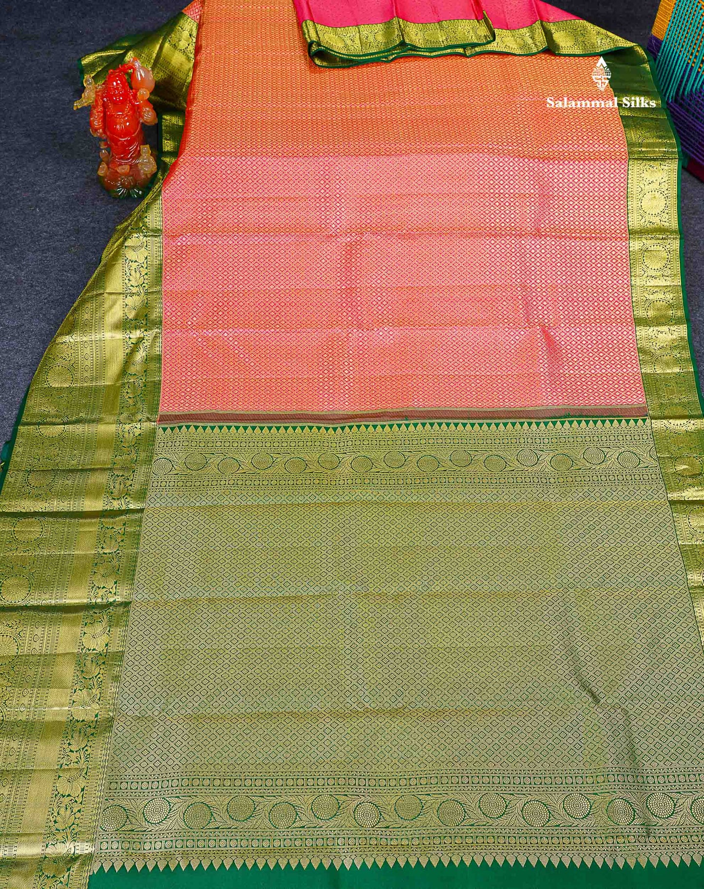 Bridal Pure Kanjivaram Silk Saree - Pinkish Peach Colour Body With Contrast Bottle Green Traditional Evening Morning Border
