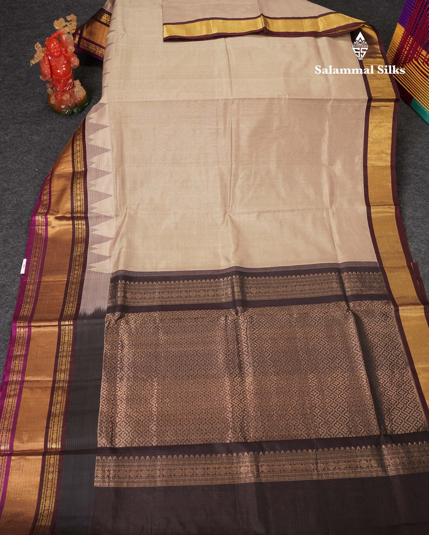 Beautiful Light Chocolate Plain Pure Silk Cotton Saree With Contrast Dark Brown Traditional Rettapet Border