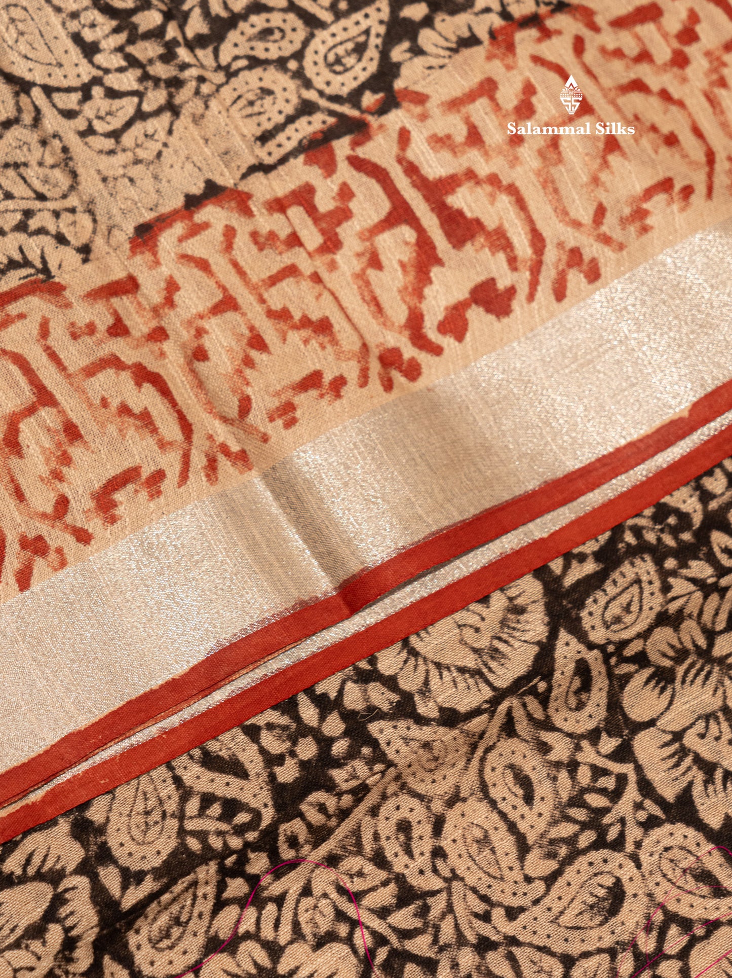 Black Colour Printed Pure Cotton Saree With Small Silver Zari Border
