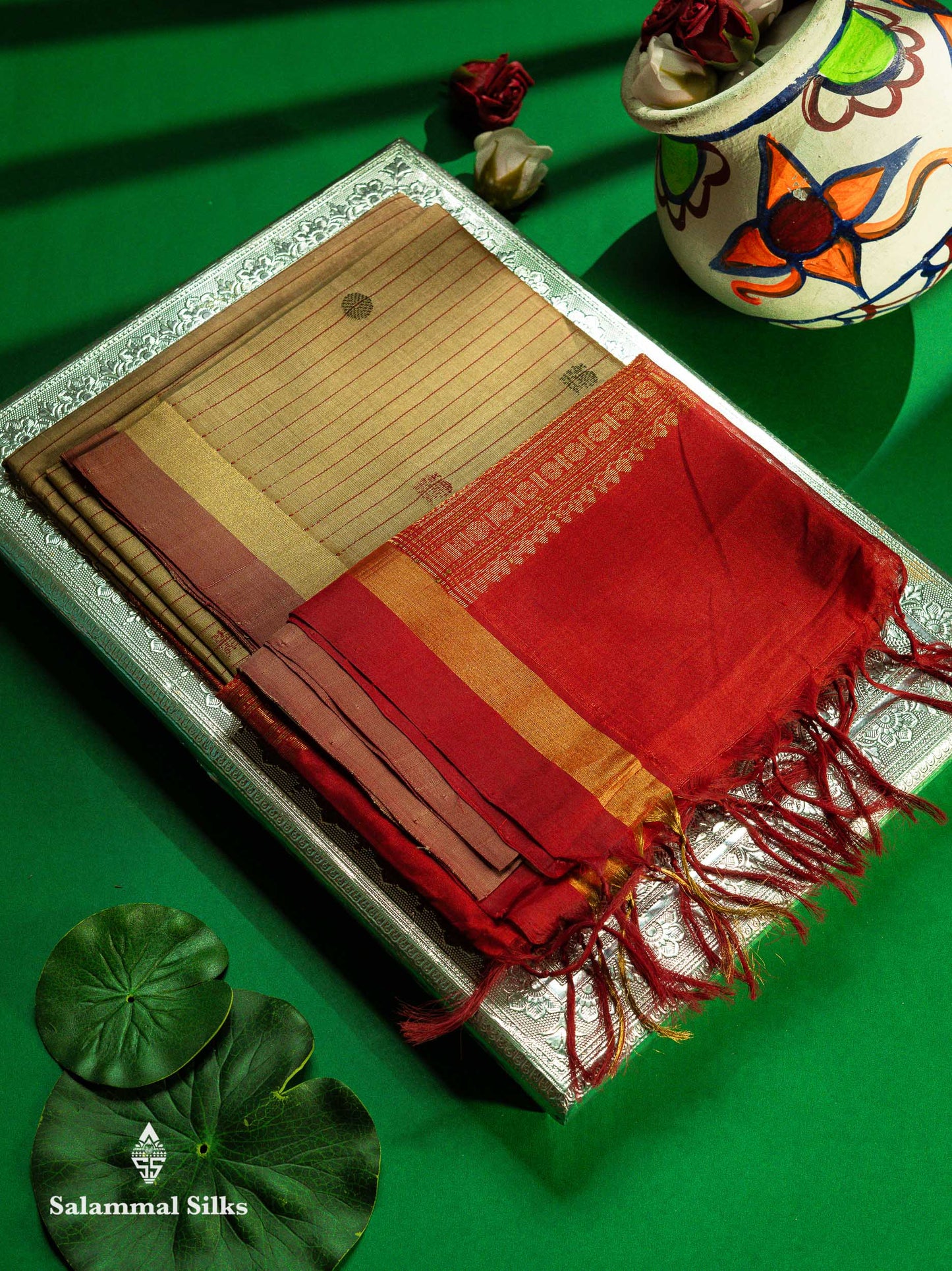 Beautiful Dark Sandal Stripes With Chakaram & Peacock Thread Work Butta Pure Silk Cotton Saree With Contrast Redish Maroon Blouse