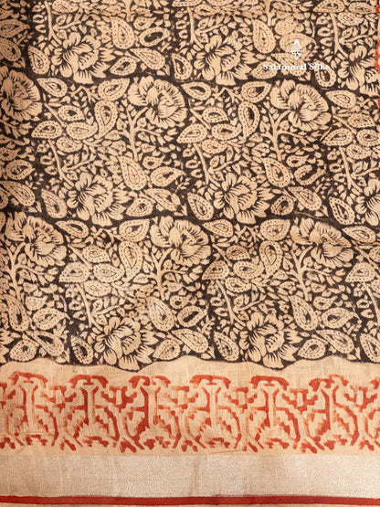 Black Colour Printed Pure Cotton Saree With Small Silver Zari Border