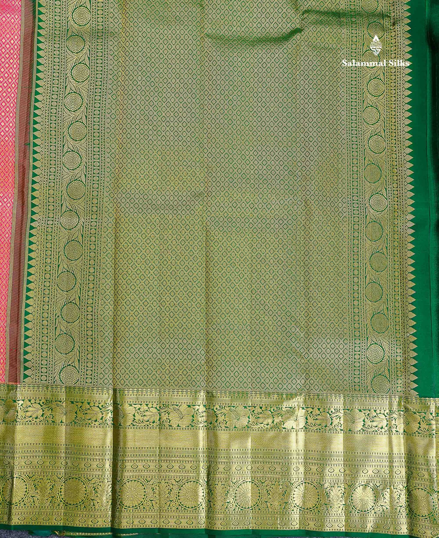 Bridal Pure Kanjivaram Silk Saree - Pinkish Peach Colour Body With Contrast Bottle Green Traditional Evening Morning Border
