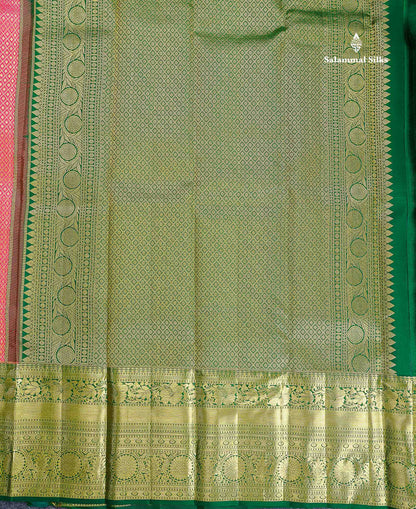 Bridal Pure Kanjivaram Silk Saree - Pinkish Peach Colour Body With Contrast Bottle Green Traditional Evening Morning Border