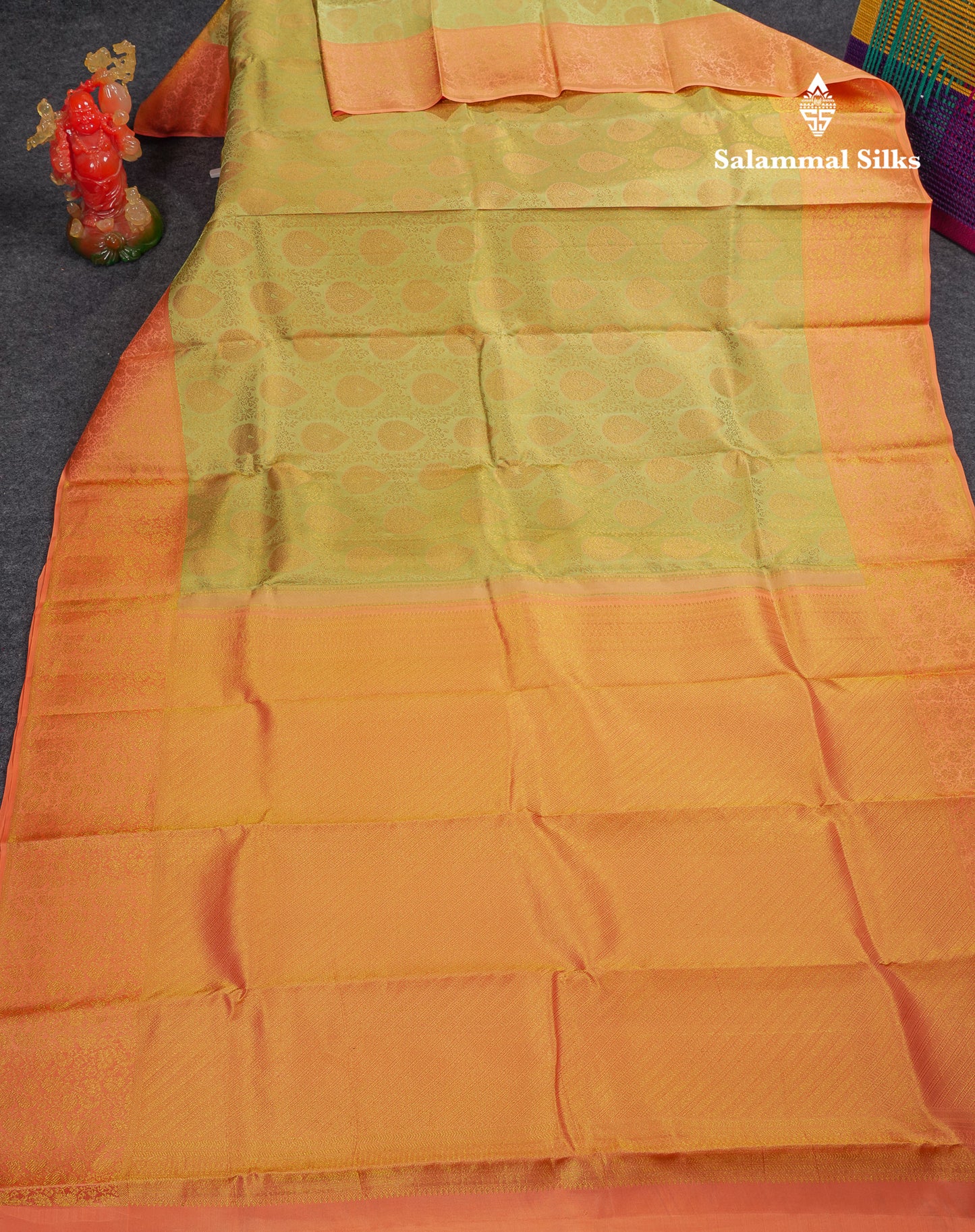 Beautiful Pista Green Bridal Pure Kanjivaram Silk Saree With Contrast Light Orange Fancy Border