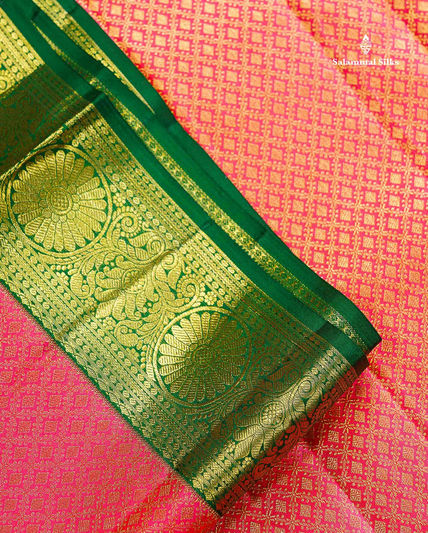 Bridal Pure Kanjivaram Silk Saree - Pinkish Peach Colour Body With Contrast Bottle Green Traditional Evening Morning Border