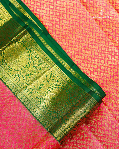 Bridal Pure Kanjivaram Silk Saree - Pinkish Peach Colour Body With Contrast Bottle Green Traditional Evening Morning Border