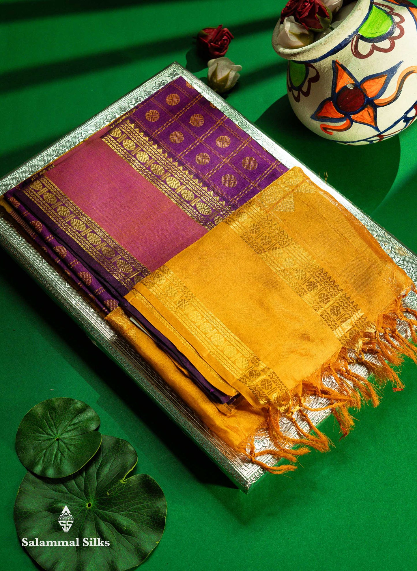 Beautiful Dark Maroon Rudraksha Butta With Checks Pure Silk Cotton Saree With Contrast Orange Traditional Gap Border