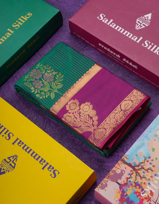 Beautiful Dual Tone Peacock Green Semi Silk Saree With Contrast Purple Fancy Border