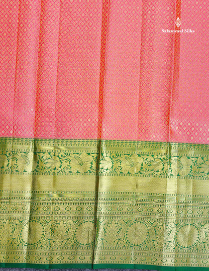 Bridal Pure Kanjivaram Silk Saree - Pinkish Peach Colour Body With Contrast Bottle Green Traditional Evening Morning Border