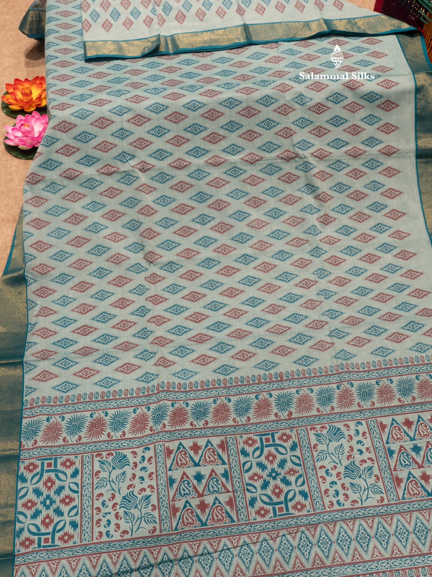 Pastel Blue Colour Printed Pure Cotton Saree With Ribbon Border