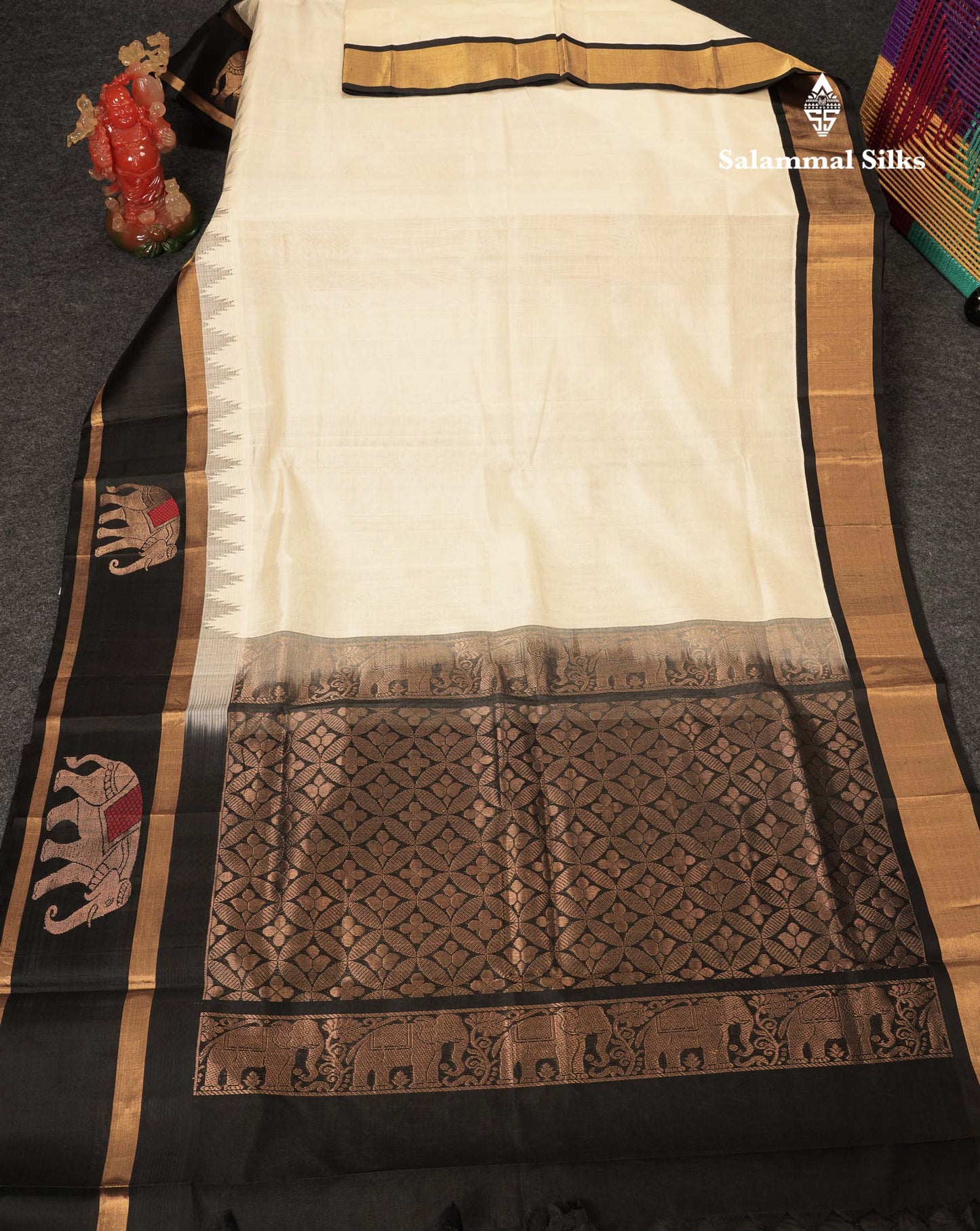 Beautiful Half White Plain Pure Silk Cotton Saree With Contrast Black Traditional Menakari Work & Temple Border