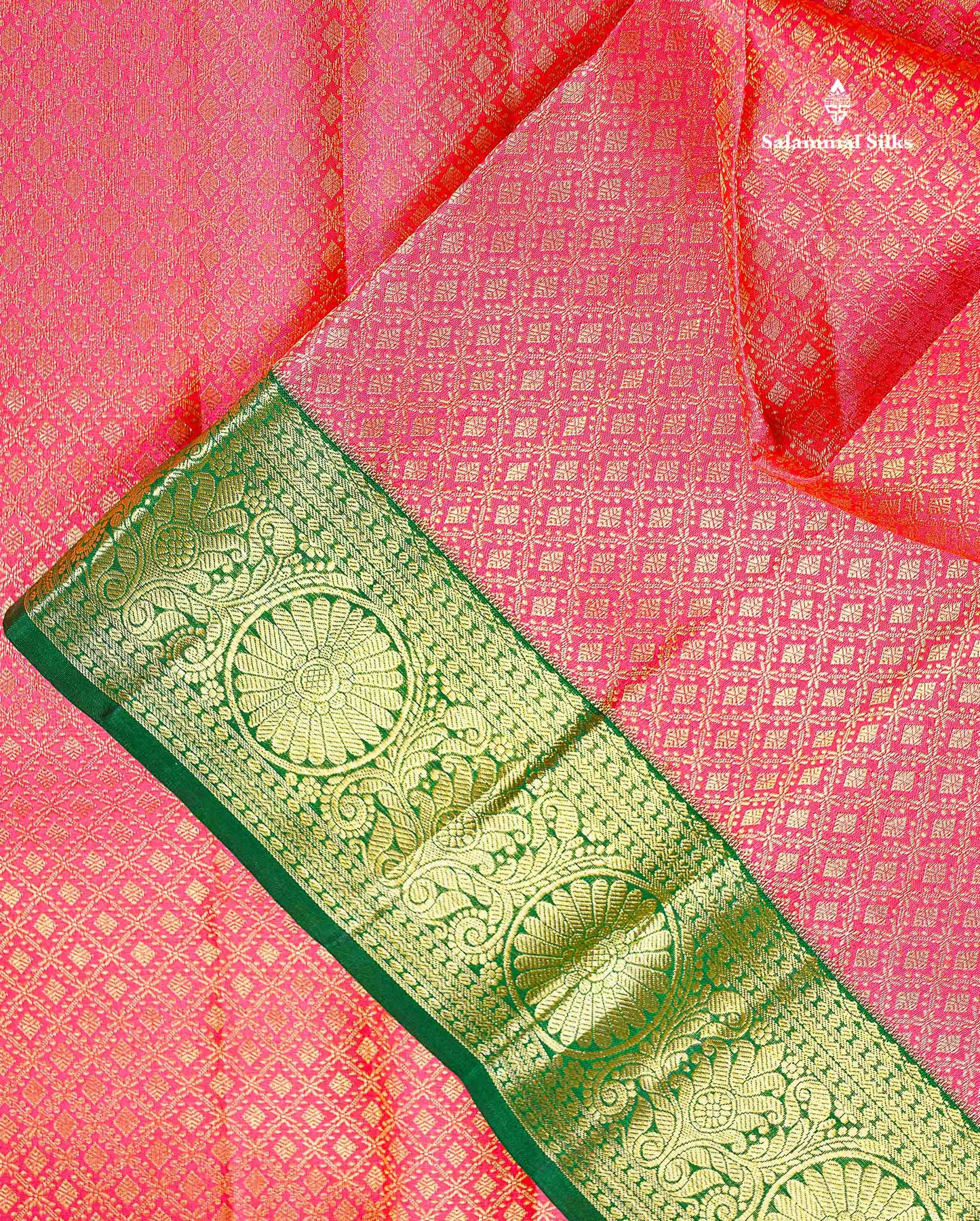 Bridal Pure Kanjivaram Silk Saree - Pinkish Peach Colour Body With Contrast Bottle Green Traditional Evening Morning Border