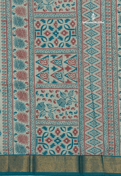 Pastel Blue Colour Printed Pure Cotton Saree With Ribbon Border