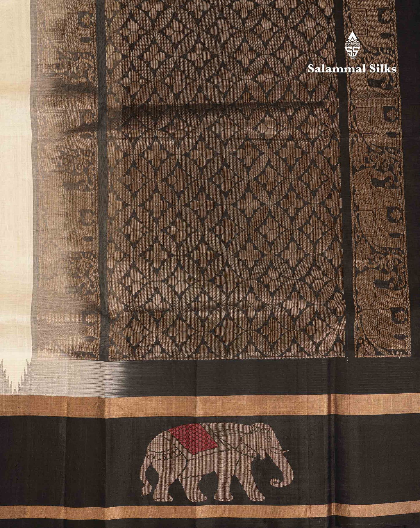 Beautiful Half White Plain Pure Silk Cotton Saree With Contrast Black Traditional Menakari Work & Temple Border