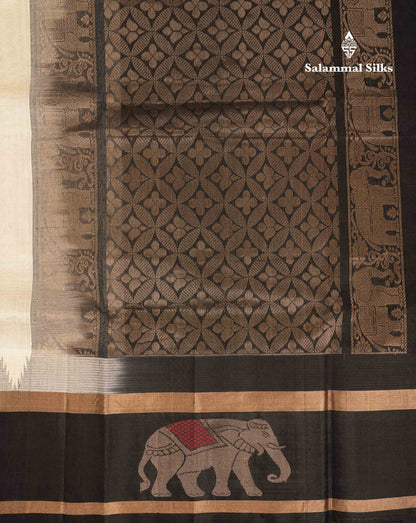 Beautiful Half White Plain Pure Silk Cotton Saree With Contrast Black Traditional Menakari Work & Temple Border