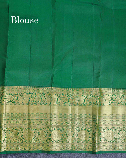 Bridal Pure Kanjivaram Silk Saree - Pinkish Peach Colour Body With Contrast Bottle Green Traditional Evening Morning Border