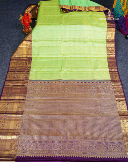Bridal Pure Kanjivaram Silk Saree - Pista Green Colour Body With Contrast Dark Purple Evening Morning Border 