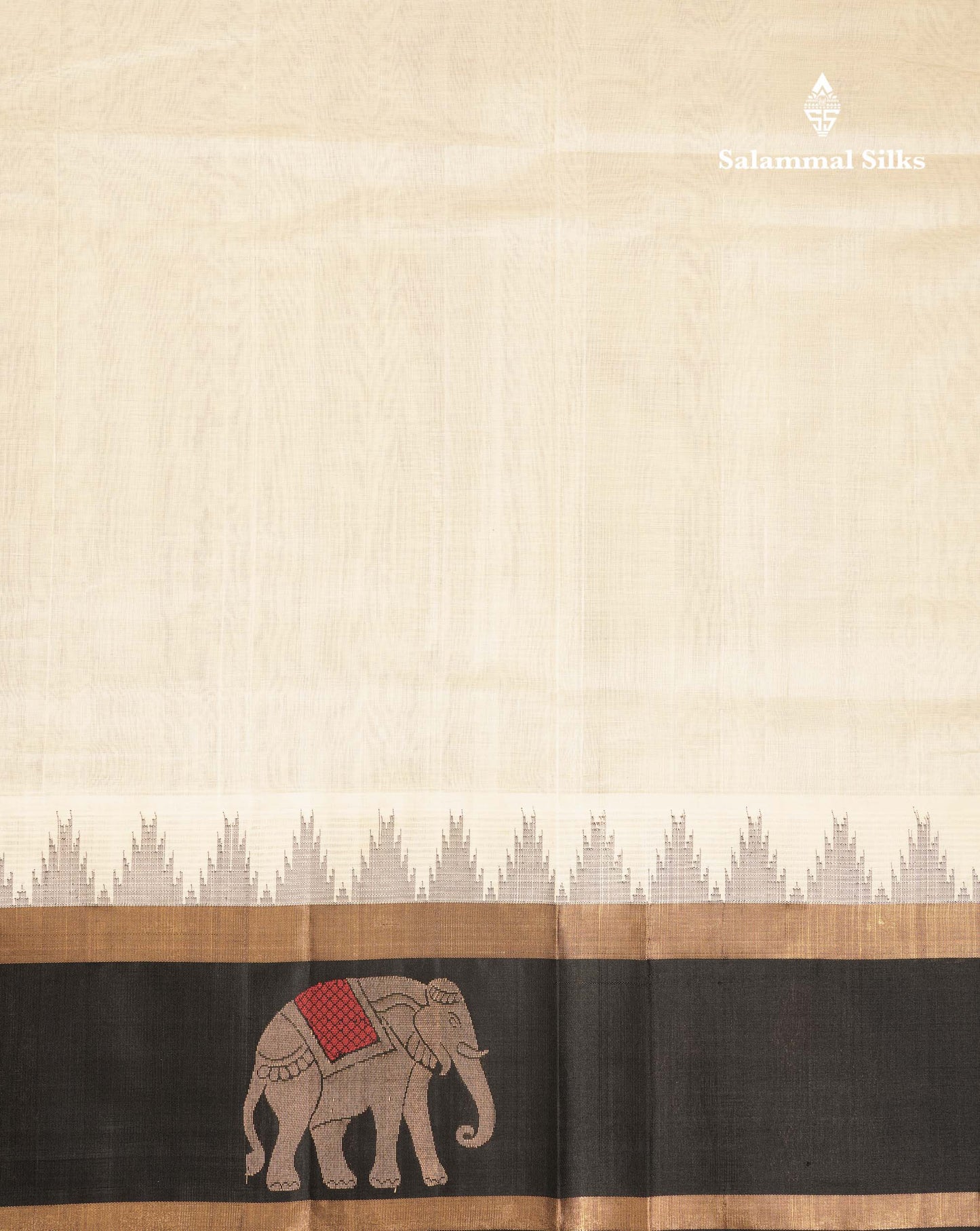 Beautiful Half White Plain Pure Silk Cotton Saree With Contrast Black Traditional Menakari Work & Temple Border
