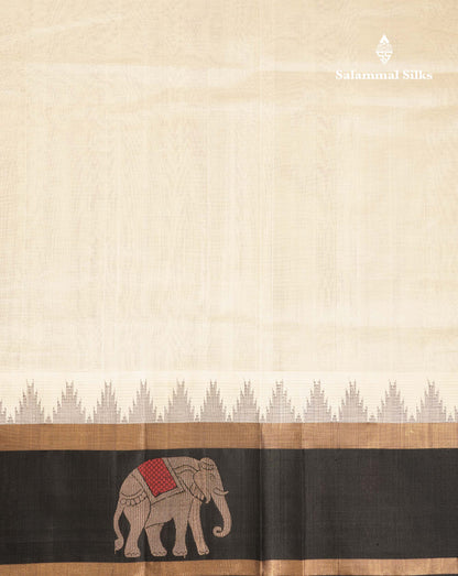 Beautiful Half White Plain Pure Silk Cotton Saree With Contrast Black Traditional Menakari Work & Temple Border