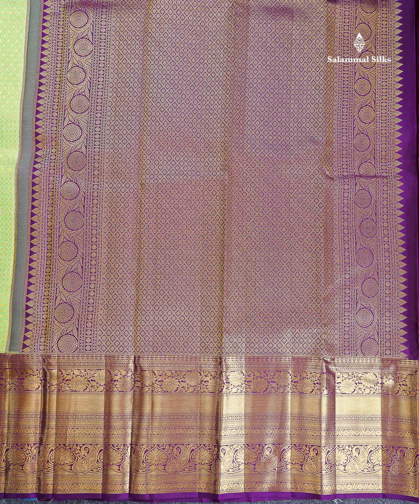 Bridal Pure Kanjivaram Silk Saree - Pista Green Colour Body With Contrast Dark Purple Evening Morning Border
