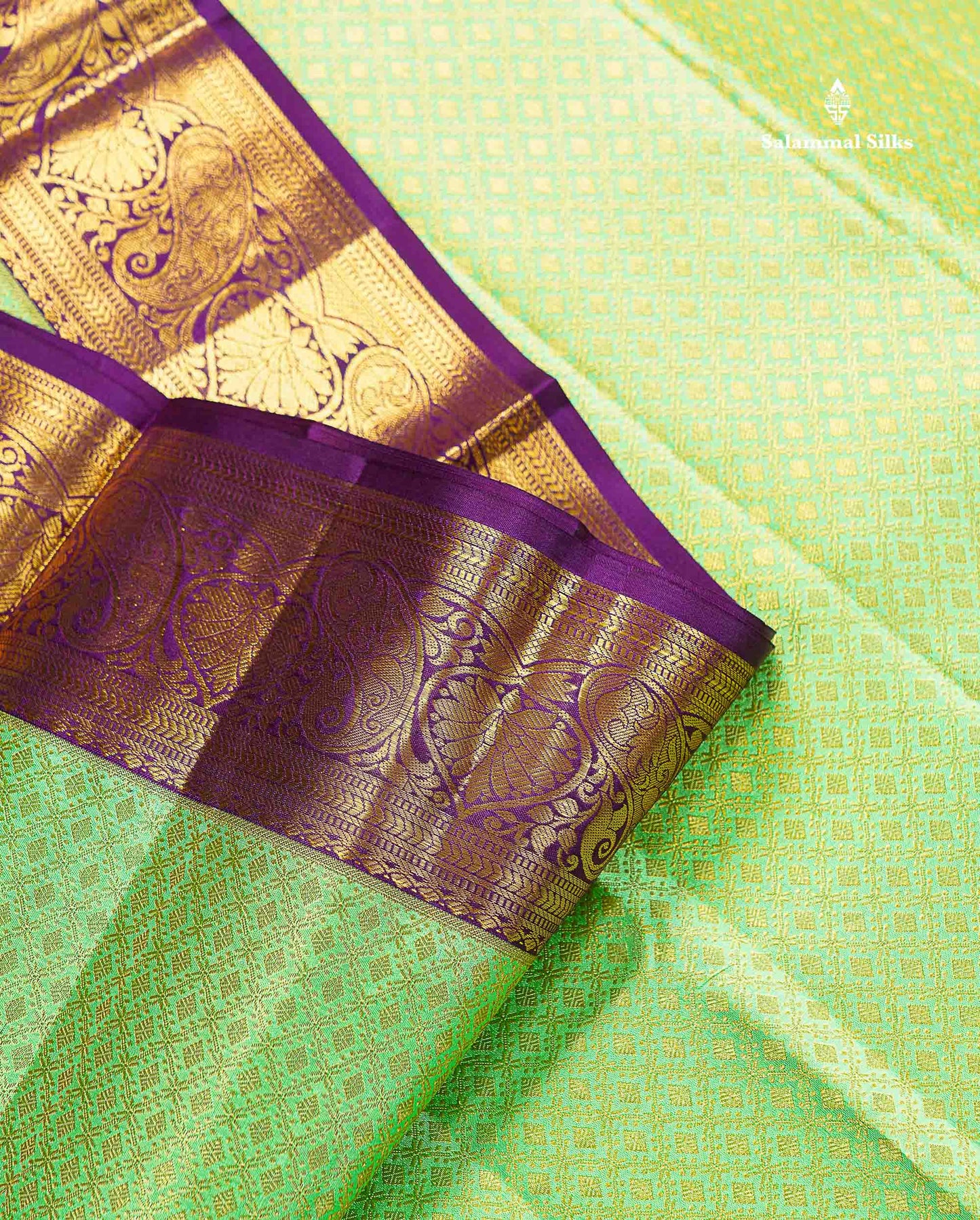 Bridal Pure Kanjivaram Silk Saree - Pista Green Colour Body With Contrast Dark Purple Evening Morning Border