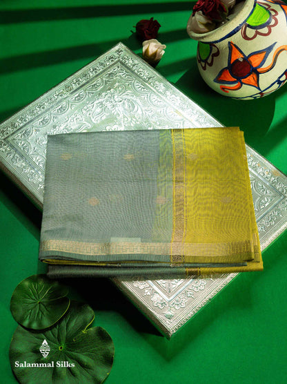 Beautiful Grey Zari Butta Maheshwar Cotton Saree With Contrast Manthulir Green Blouse