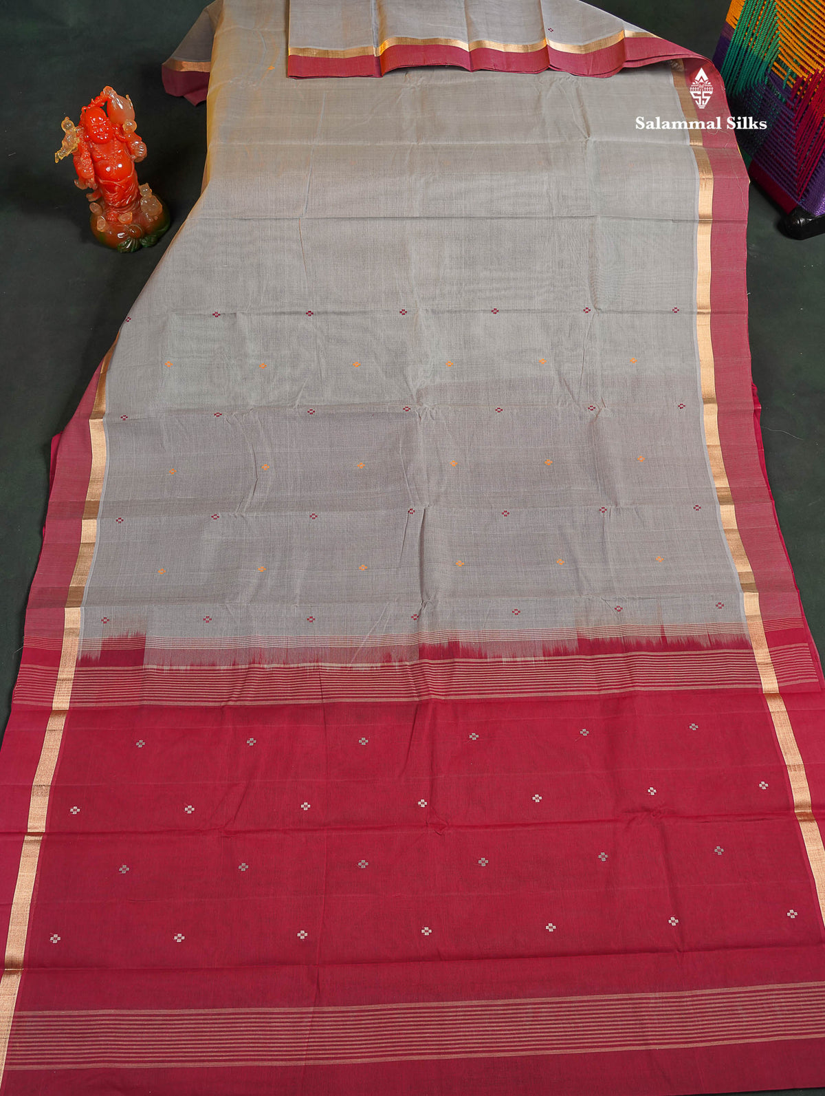 Handloom Pure Cotton Saree - Light Grey Colour Body With Contrast Redish Maroon Border