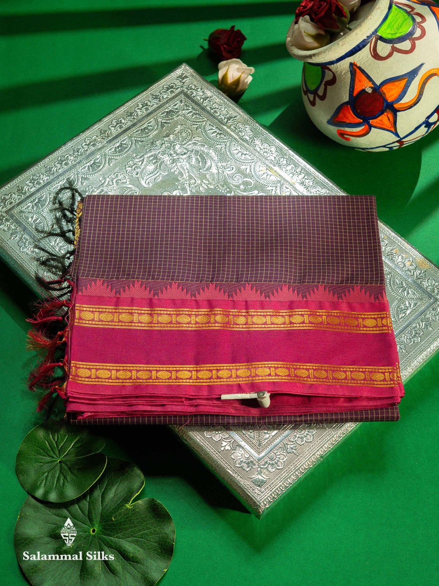Beautiful Cream Sandal Small Checks Pure Cotton Saree With Contrast Brown Traditional Rettapet & Temple Border