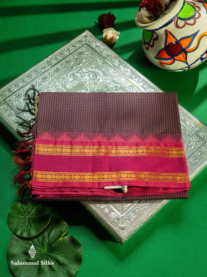 Beautiful Cream Sandal Small Checks Pure Cotton Saree With Contrast Brown Traditional Rettapet & Temple Border