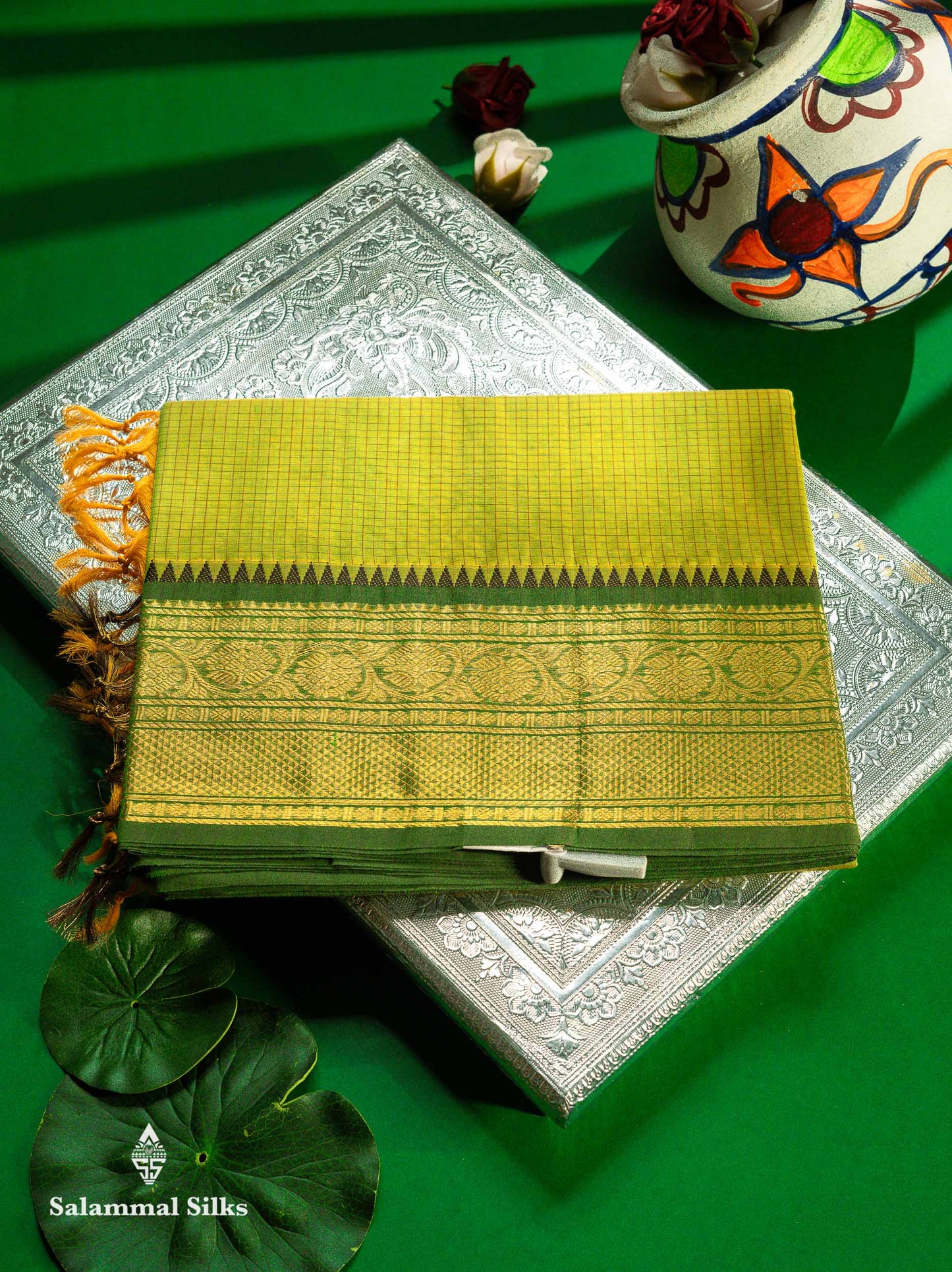 Beautiful Light Brown Small Checks Pure Cotton Saree With Contrast Black Traditional Border