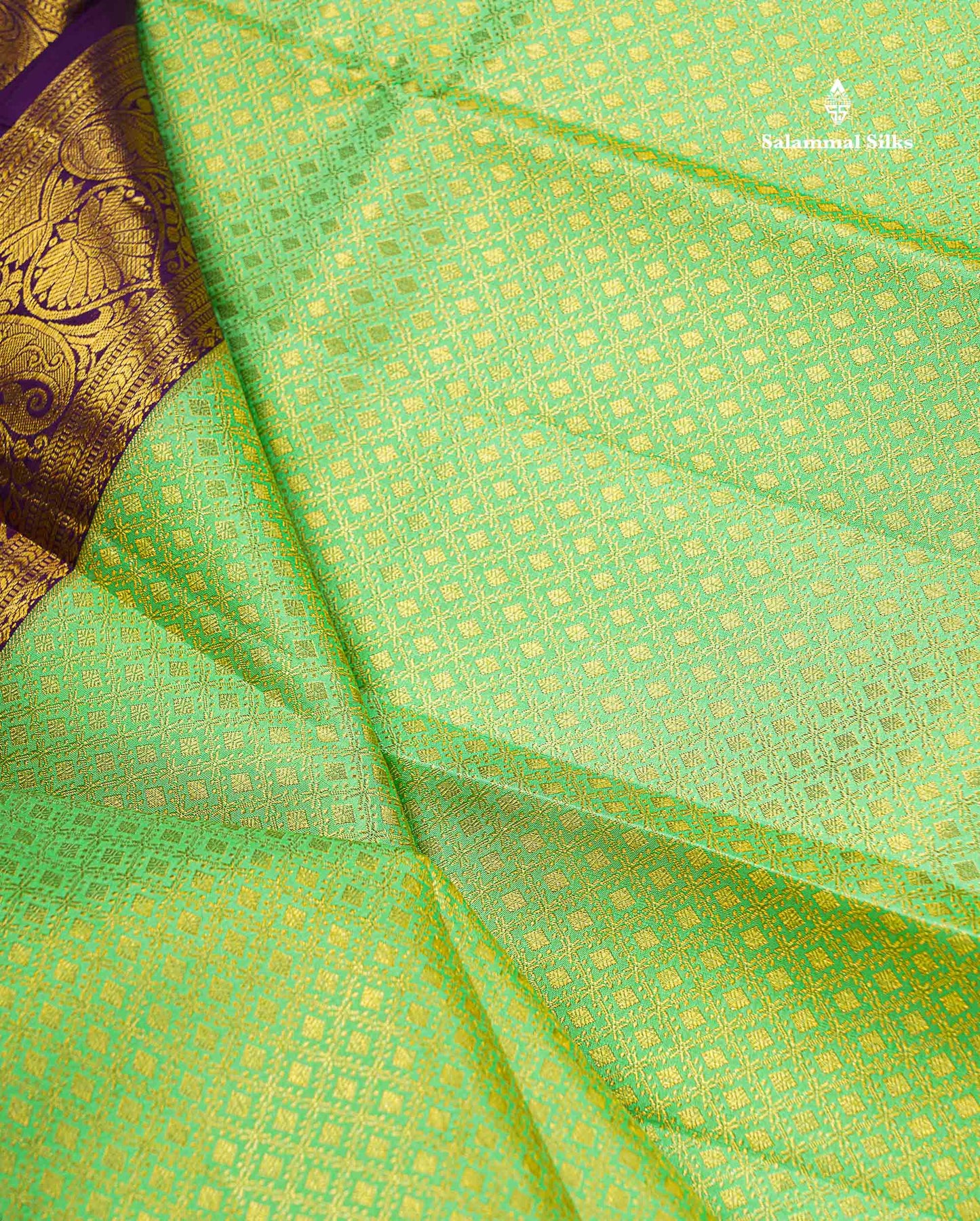 Bridal Pure Kanjivaram Silk Saree - Pista Green Colour Body With Contrast Dark Purple Evening Morning Border