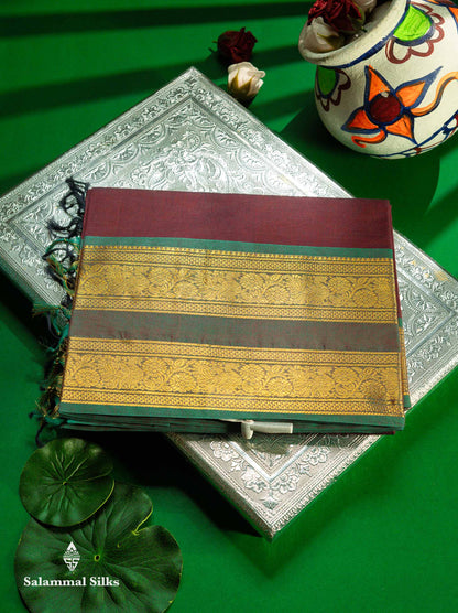 Beautiful Navy Blue Pure Cotton Saree With Contrast Sapphire Green Traditional Gap Border
