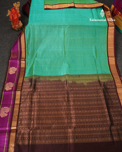 Beautiful Dual Tone Sapphire Green Pure Silk Cotton Saree With Contrast Vadamalli Traditional Border