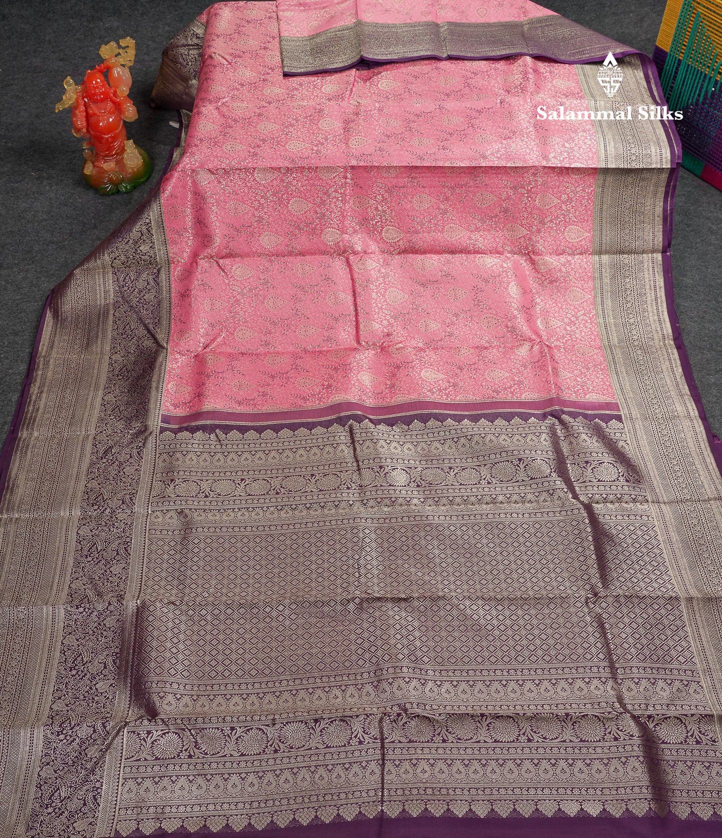 Beautiful Light Pink Menakari Work Bridal Pure Kanjivaram Silk Saree With Contrast Dark Purple Traditional Evening Morning Border
