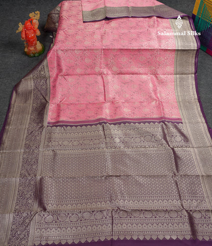 Beautiful Light Pink Menakari Work Bridal Pure Kanjivaram Silk Saree With Contrast Dark Purple Traditional Evening Morning Border