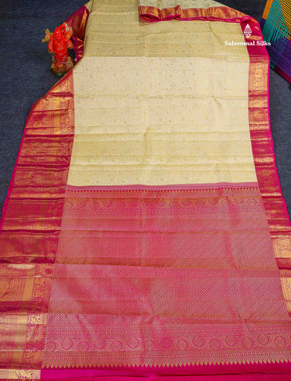 Bridal Pure Kanjivaram Silk Saree - Half White Colour Body With Contrast Pink Traditional Evening Morning Border