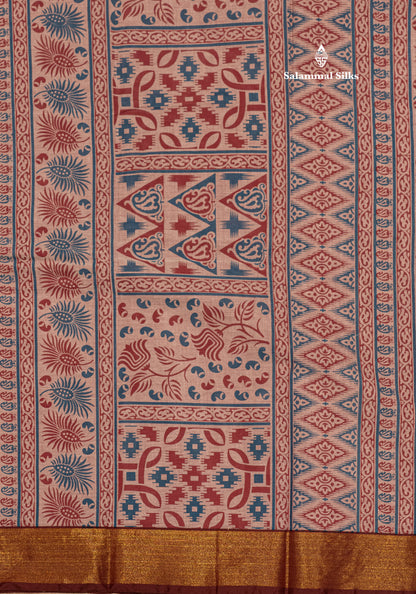 Pastel Blue Colour Printed Pure Cotton Saree With Ribbon Border