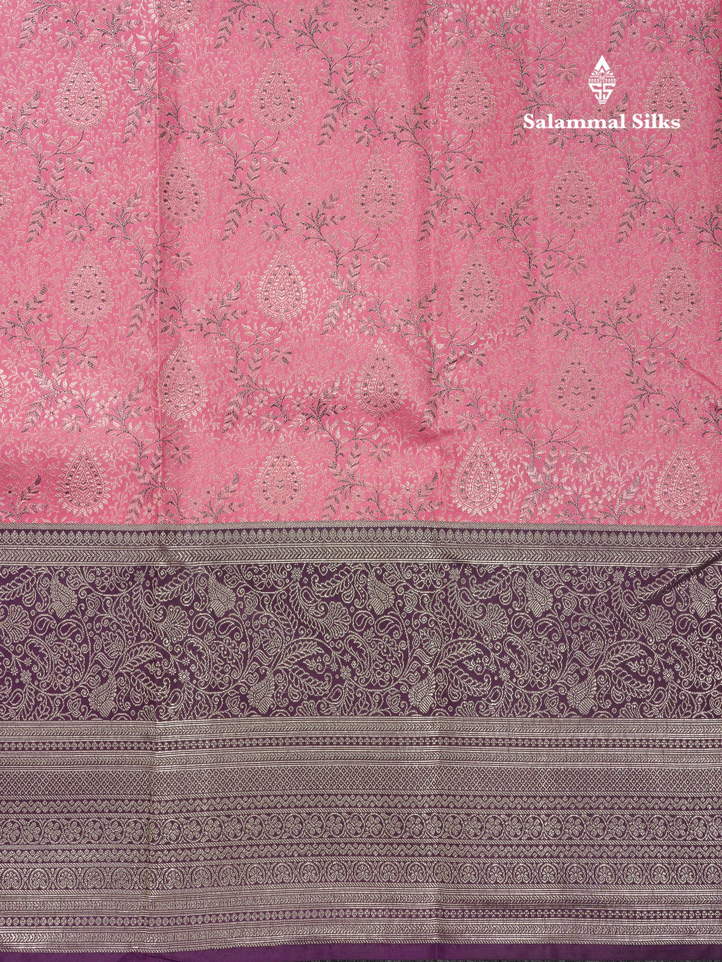 Beautiful Light Pink Menakari Work Bridal Pure Kanjivaram Silk Saree With Contrast Dark Purple Traditional Evening Morning Border