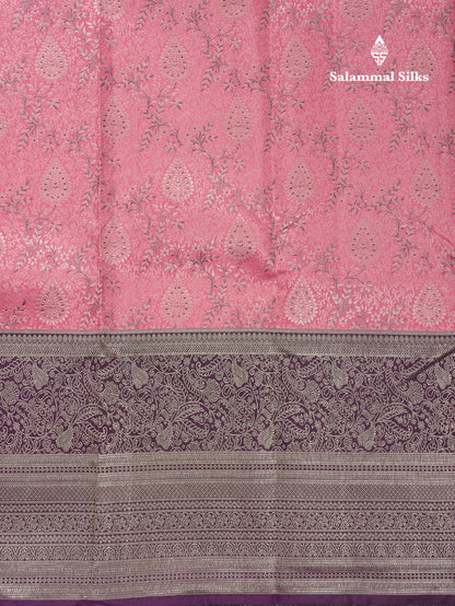 Beautiful Light Pink Menakari Work Bridal Pure Kanjivaram Silk Saree With Contrast Dark Purple Traditional Evening Morning Border
