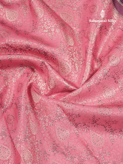 Beautiful Light Pink Menakari Work Bridal Pure Kanjivaram Silk Saree With Contrast Dark Purple Traditional Evening Morning Border