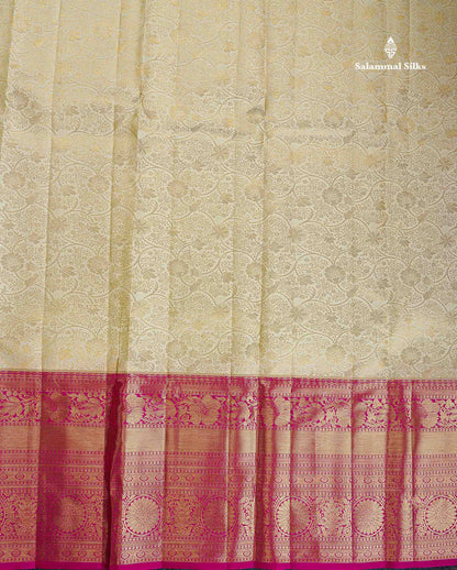 Bridal Pure Kanjivaram Silk Saree - Half White Colour Body With Contrast Pink Traditional Evening Morning Border