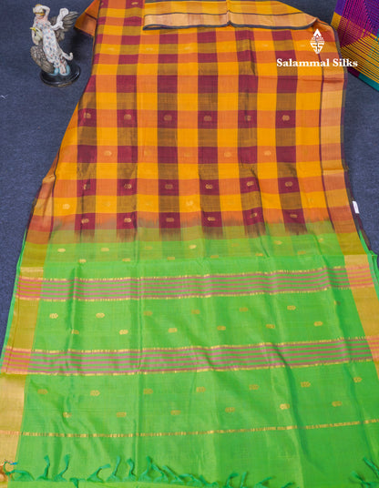 Beautiful Paalum Pazham Checks Handloom Pure Silk Cotton Saree With Contrast Parrot Green Blouse