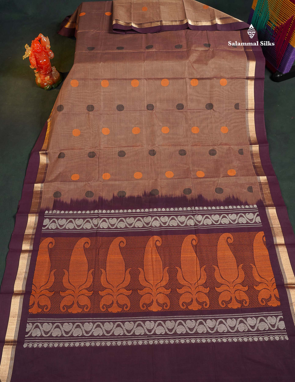 Handloom Pure Cotton Saree - Light Brown Colour Body With Contrast Dark Purple Blouse